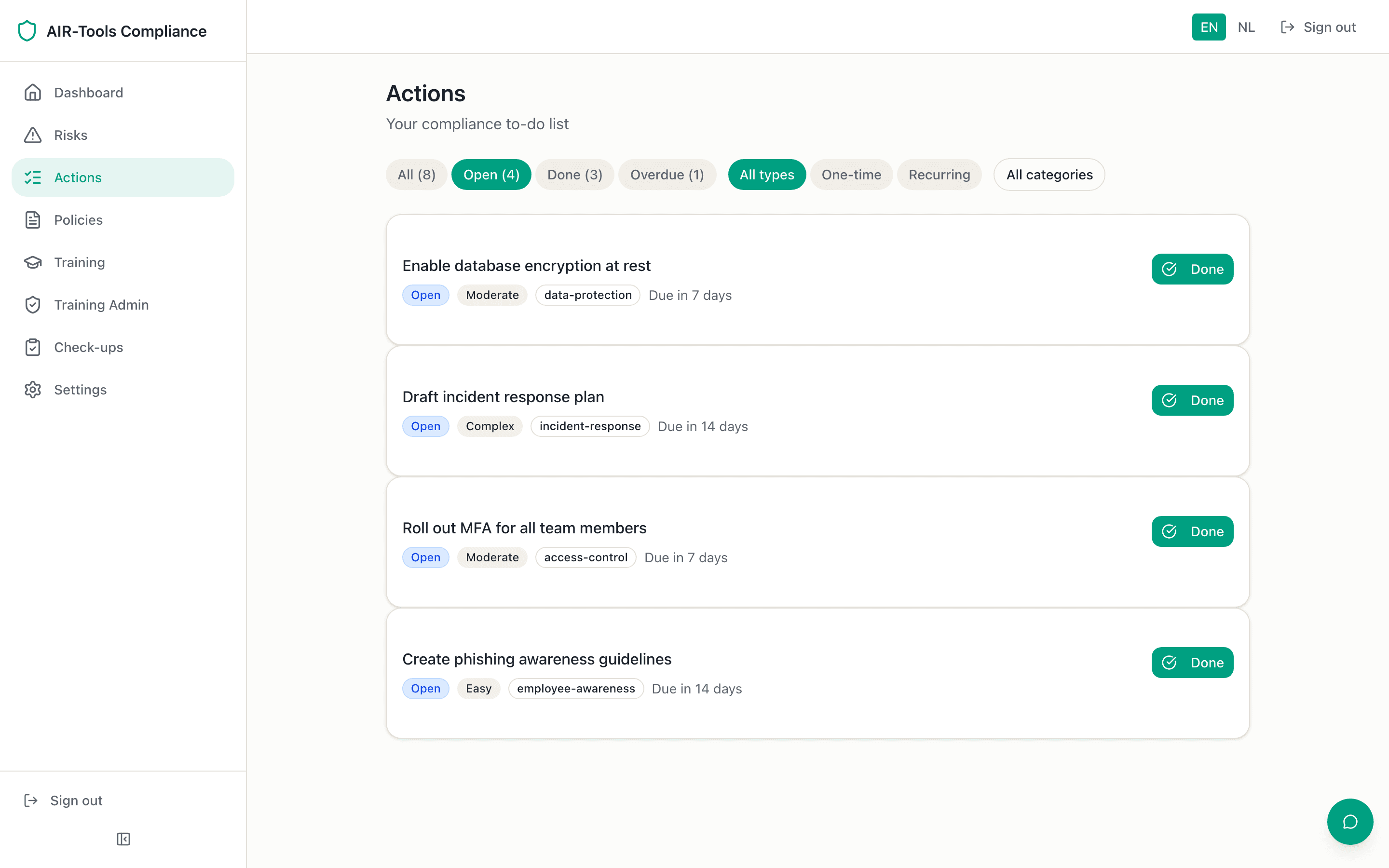 AIR-Tools actieweergave met stapsgewijze fix-instructies