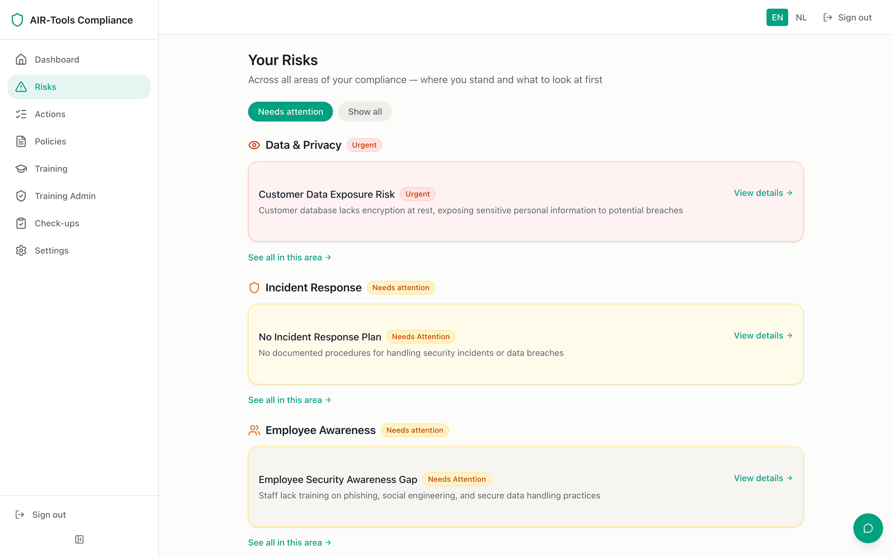 AIR-Tools risico-overzicht met geprioriteerde verbeterpunten