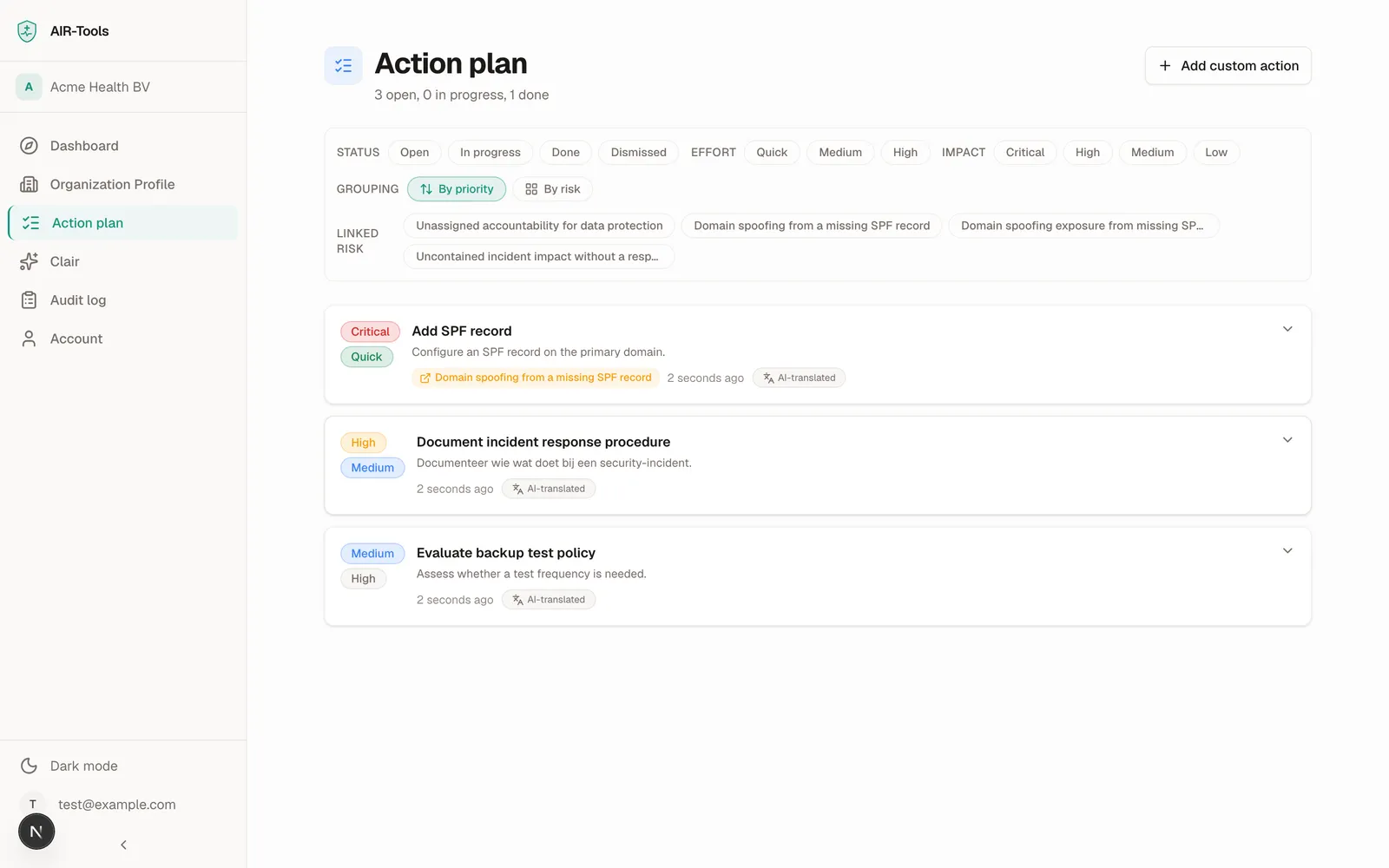 Clair's action plan with prioritized actions and their linked risks.