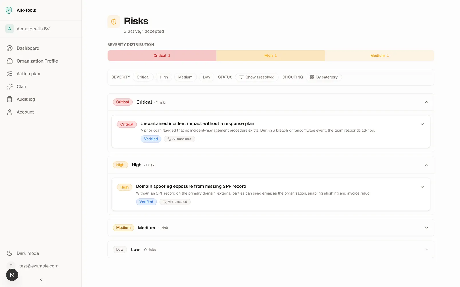 Clair's risk overview, sorted by severity with a rationale per risk.